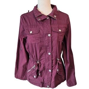 YMI Burgundy Cotton Blend Military Anorak Lined Jacket Roll‎ Tab Sleeve Size M